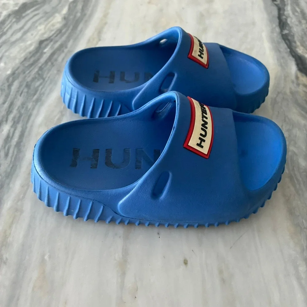 Hunter Kids Bloom Algae Foam Slides Blue Sandals Logo Patch Size 9 C